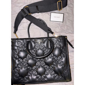 NWOT Nine West Black Quilted Satchel with Guitar Strap